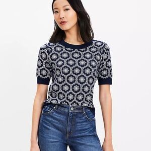 LOFT Jacquard Swearer Tee Navy and White Knit Top